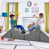 Children playing catch with a bouncy ball while sitting on the Bench Buddies configuration of the Yourigami Kids Play Gym in mountain-gray color