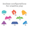 Diagram of eight possible configurations of the Yourigami Kids Play Gym pieces in mountain-gray