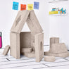 Side-view of the twelve modular pieces of the Yourigami Kids Play Fort in beige-sands color formed to create the Home Base configuration