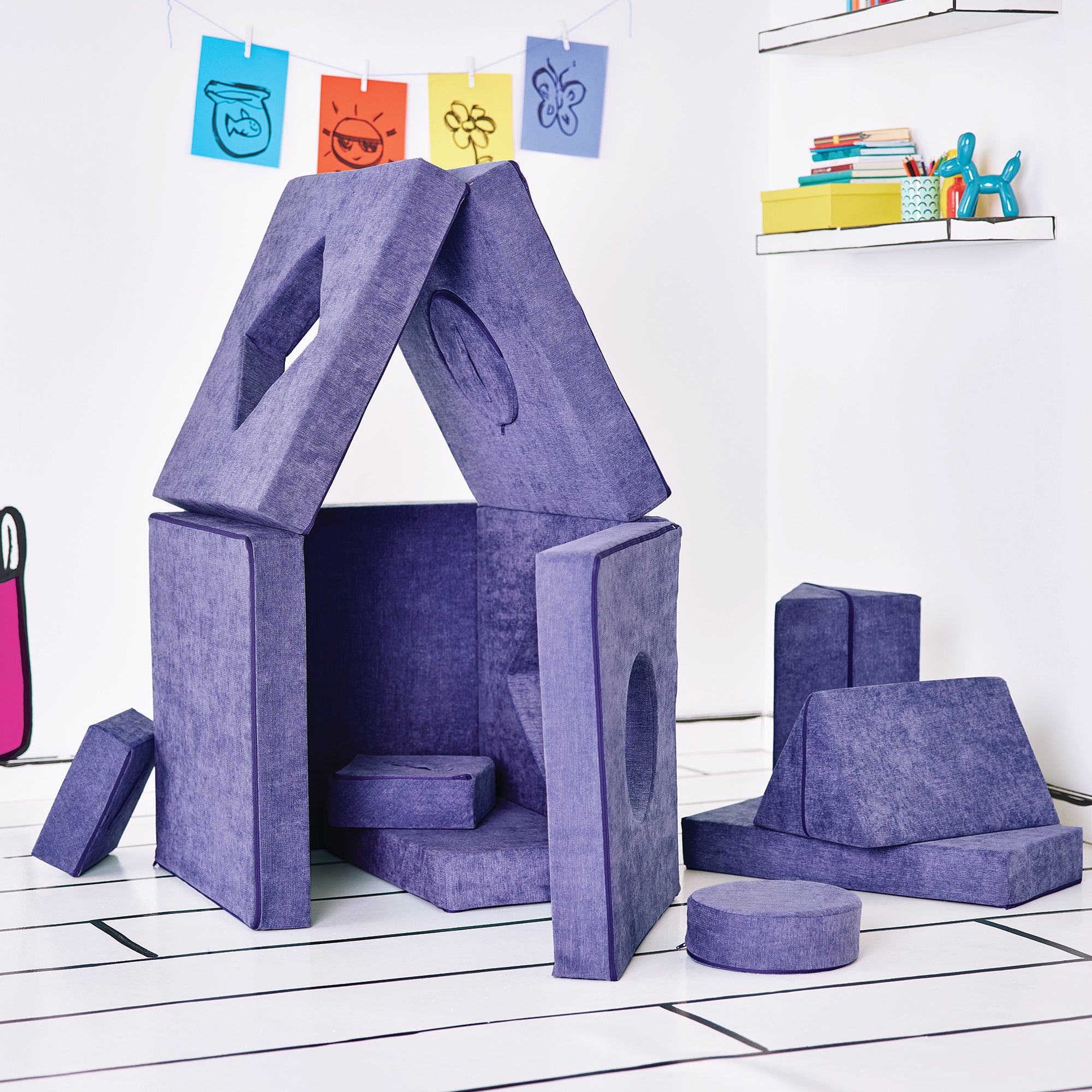 Side-view of the twelve modular pieces of the Yourigami Kids Play Fort in cosmic-purple color formed to create the Home Base configuration