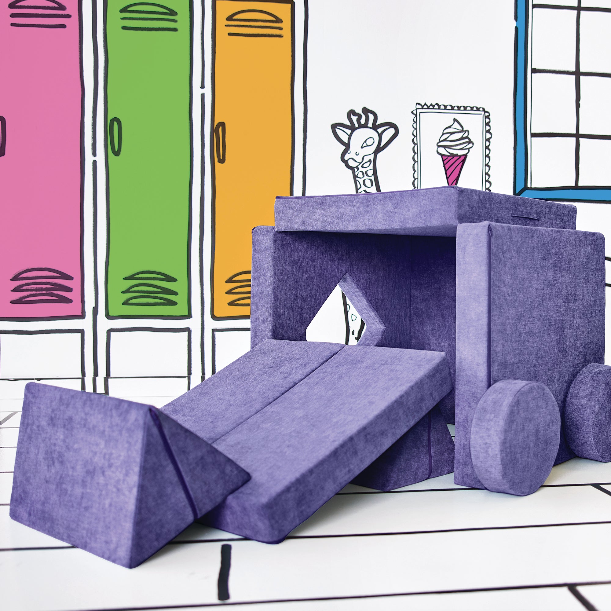 Side view of the Big Digger configuration of the Yourigami Kids Play Fort in cosmic-purple color