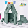 Side-view of the twelve modular pieces of the Yourigami Kids Play Fort in green-meadows color formed to create the Home Base configuration