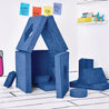 Side-view of the twelve modular pieces of the Yourigami Kids Play Fort in sapphire-caves color formed to create the Home Base configuration